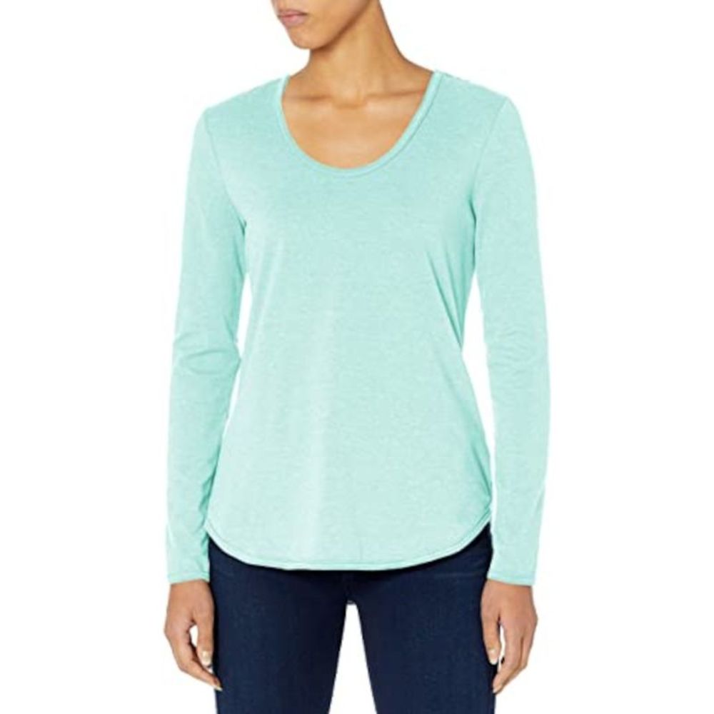 B NEW YORK Womens Aqua Stretch Distressed Long Sleeve Scoop Neck T-Shirt S